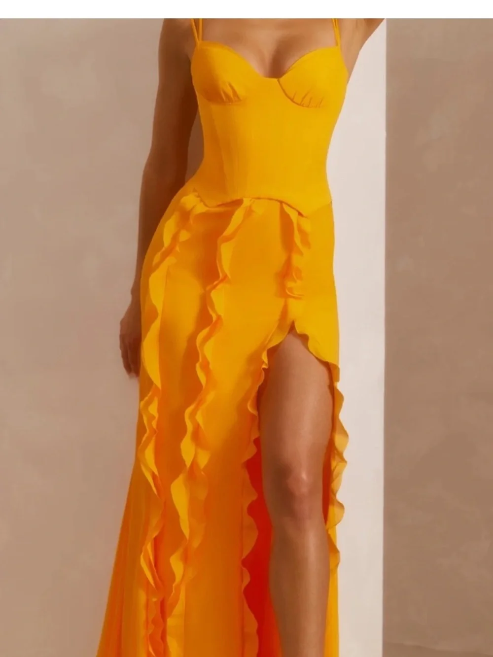 Oh Polly Orange Ruffle High-Slit Maxi Dress - Elegant Evening Gown - Picture 3 of 4
